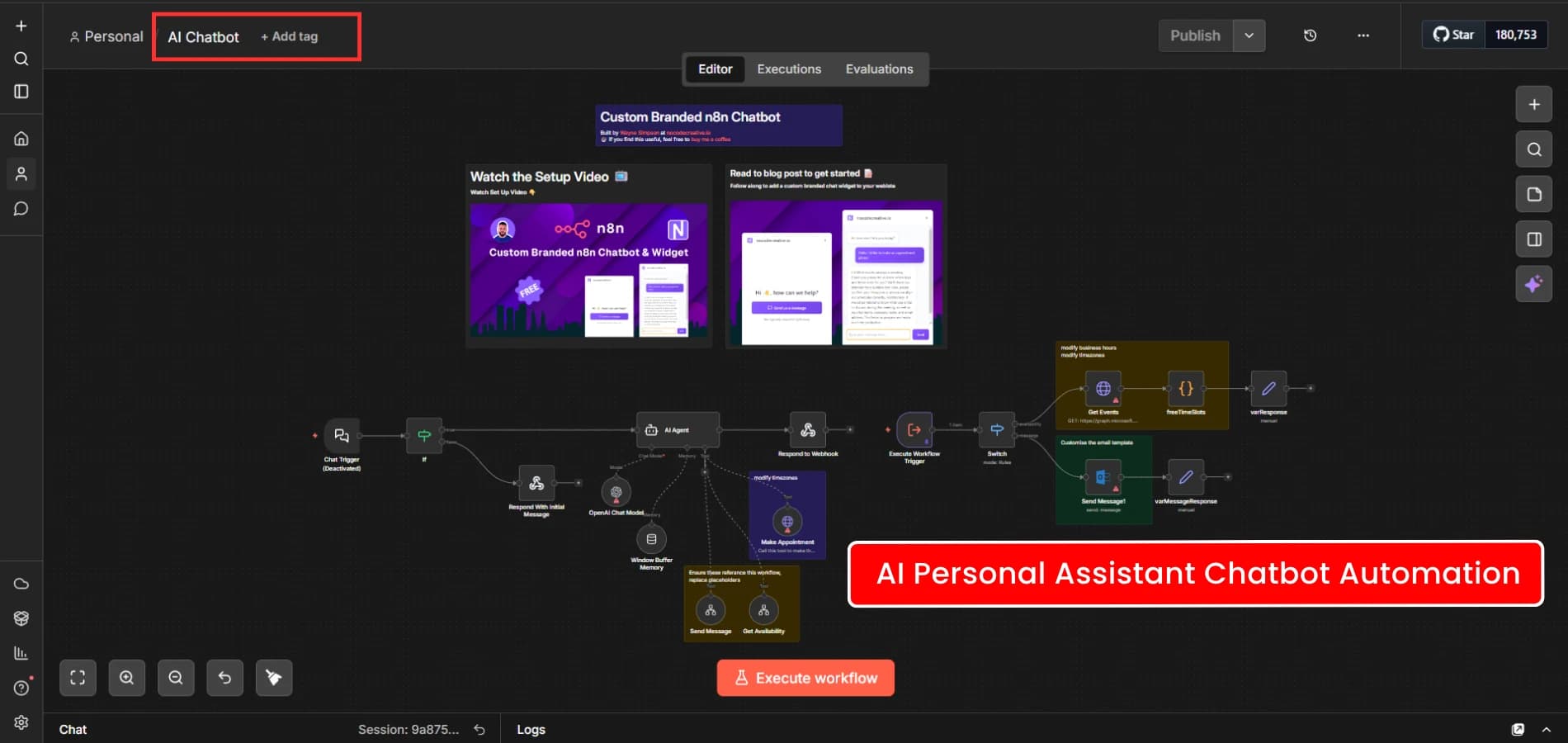 An AI personal-assistant automation open in the n8n workflow editor
