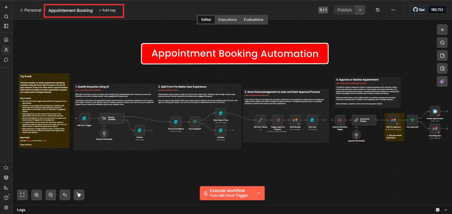 Appointment booking workflow shown in the n8n editor