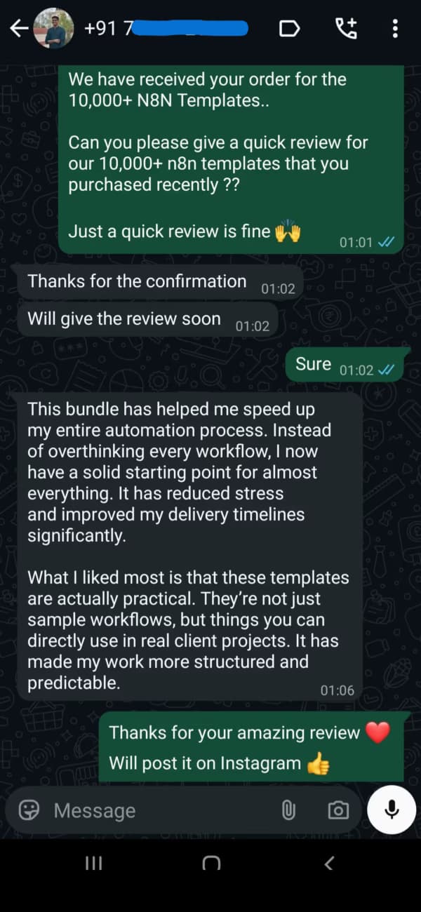 Customer review 5 of the 10,000 n8n automations library