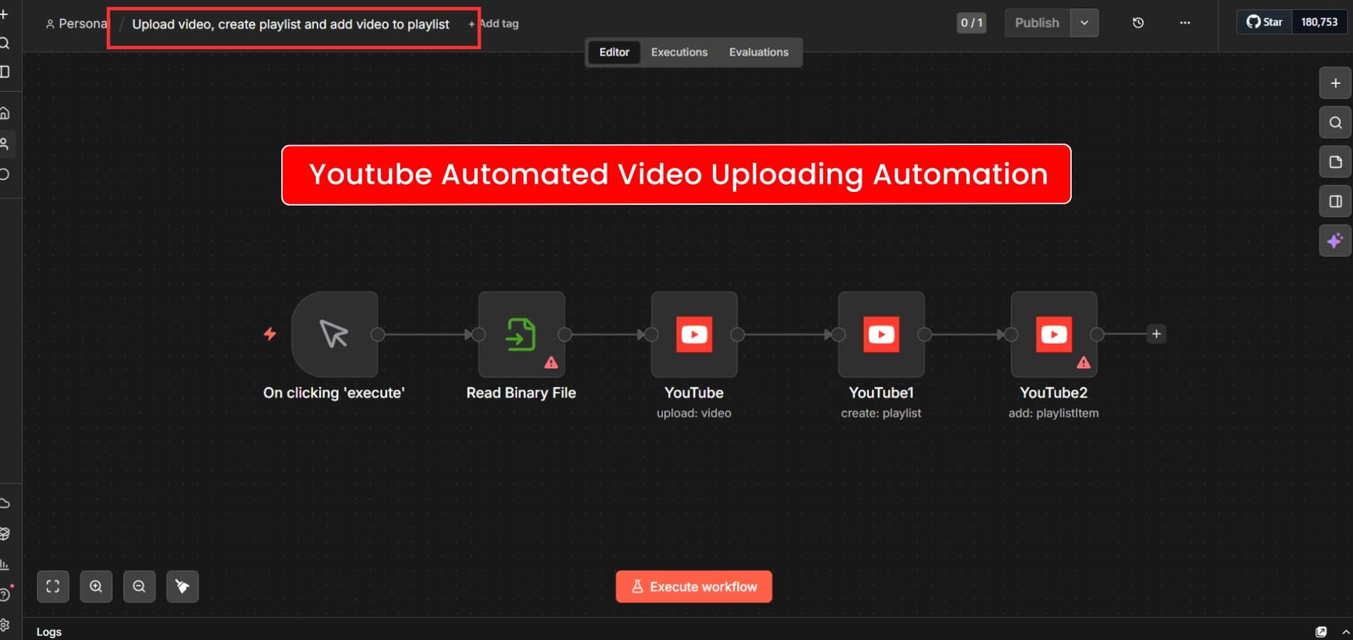 YouTube auto-uploading workflow shown in the n8n editor